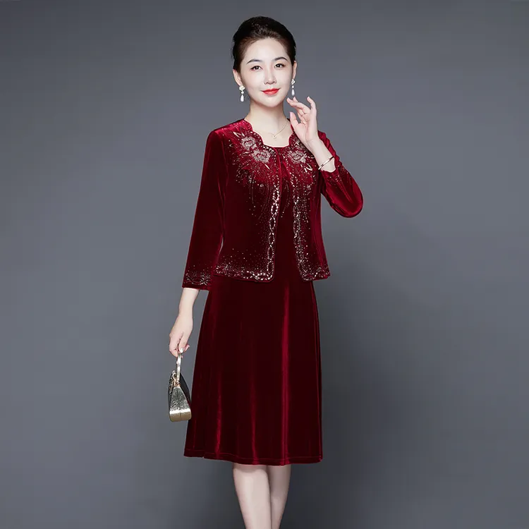 春秋女中老年喜妈妈装高端金丝绒婆婆婚宴礼服套装喜服两件套旗袍