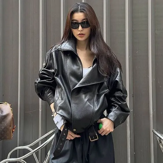 加棉加厚海宁皮衣泡皮外套双层2024宽松秋季新款PU皮机车皮夹克