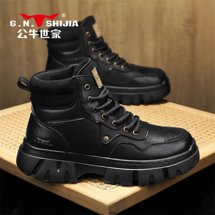 公牛世家马丁靴男款秋冬高帮皮面防水休闲皮靴复古风黑色厚底男鞋