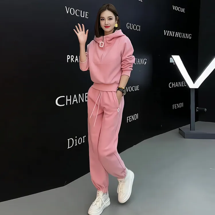 欧货高级感运动套装女秋季2023年新款韩版宽松加绒卫衣卫裤两件套