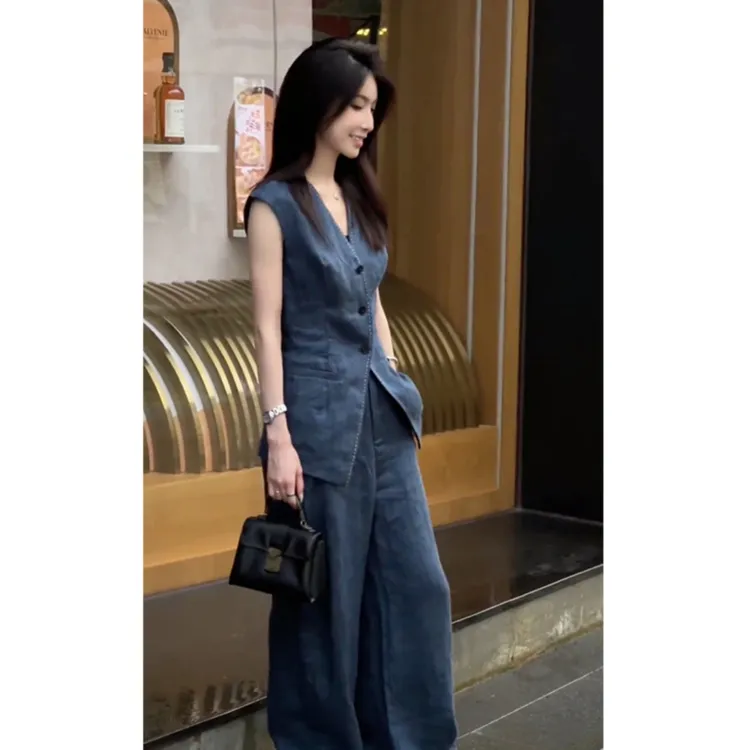 夏季高级感干练气质女装轻奢小香风无袖马甲背心阔腿裤两件套装女