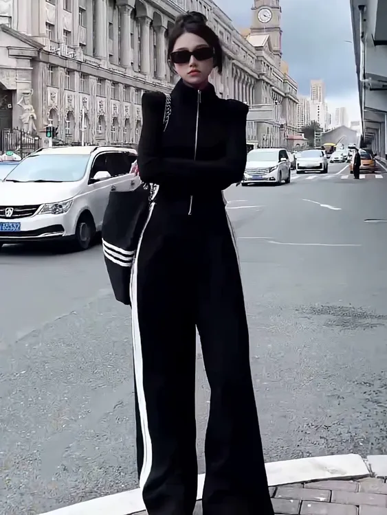 欧货炸街运动套装女春秋2023新款时尚洋气显瘦宽松阔腿裤两件套潮