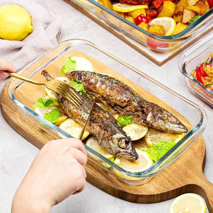 高硼硅透明玻璃烤盘耐热长方形微波炉烤箱家用双耳烤盘鱼盘