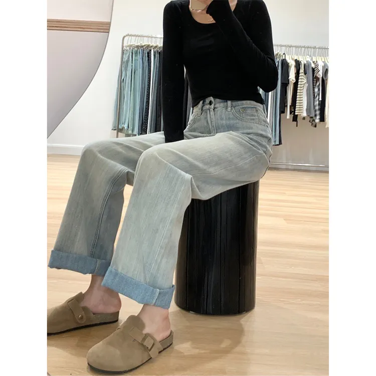 肌理设计感直筒牛仔裤女2025秋季新款高腰窄版阔腿宽松加长拖地裤