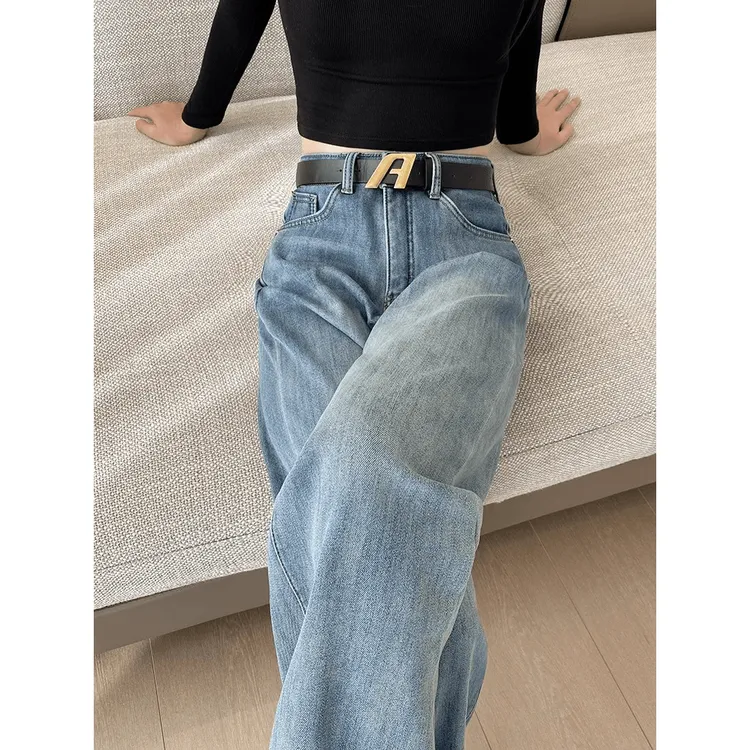 窄版阔腿牛仔裤女2025秋冬爆款加绒高腰显瘦小个子宽松直筒拖地裤