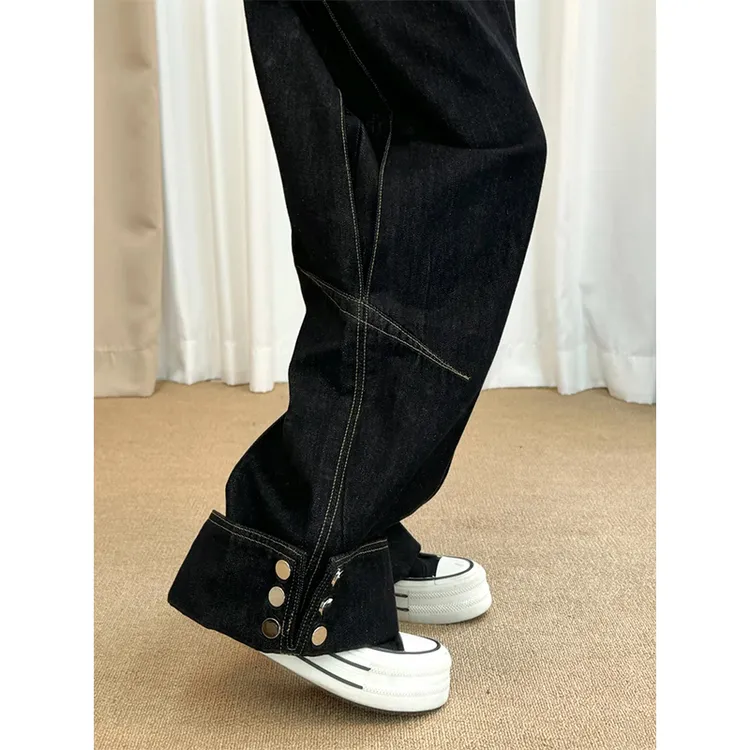 丹宁黑不褪色设计感翻边阔腿牛仔裤女夏季新款小众潮流宽松拖地裤