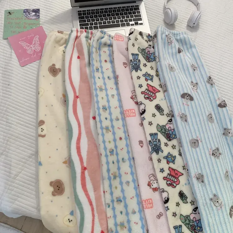 珊瑚绒睡裤女长裤秋冬季加绒可外穿单件裤子可爱大码法兰绒家居裤