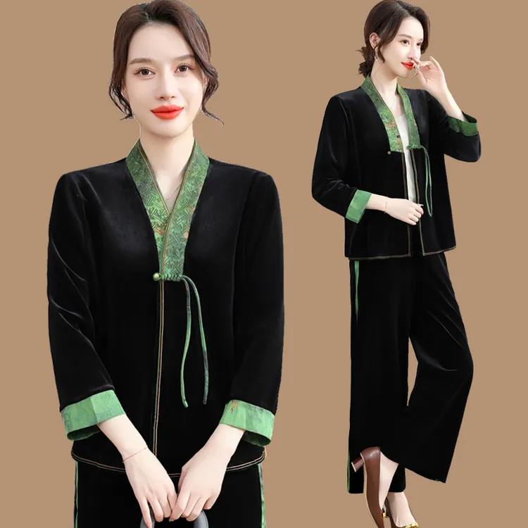 俞兆林妈秋装两件套洋气民族风上衣50岁中老年女装春秋仿仿金丝绒