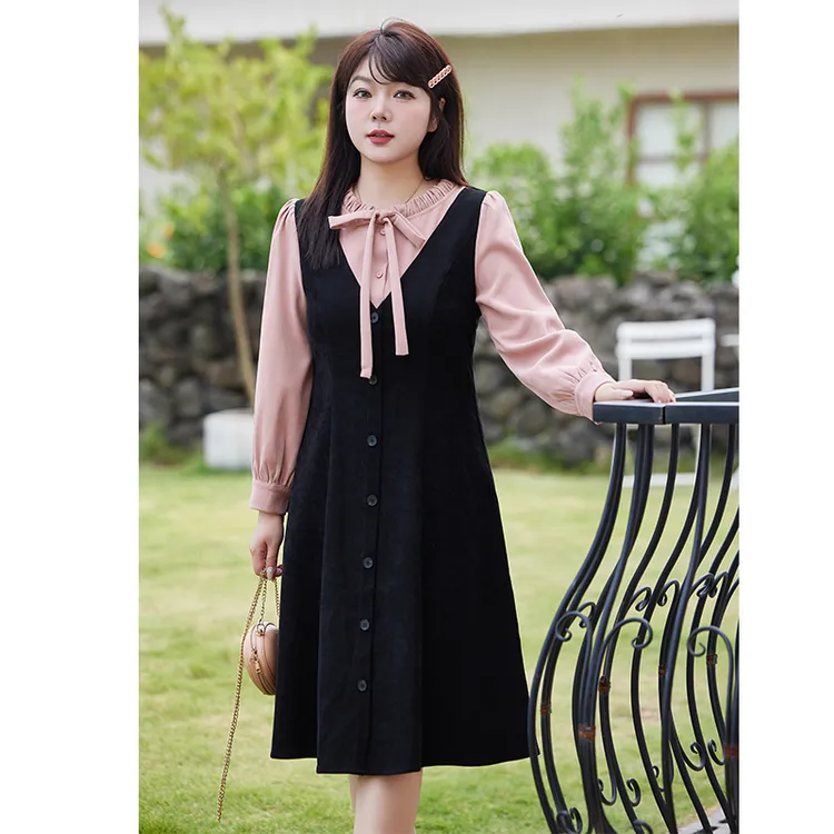 绮娑新款木耳边领收腰A字法式长裙遮肚子显瘦胖MM大码磨毛连衣裙