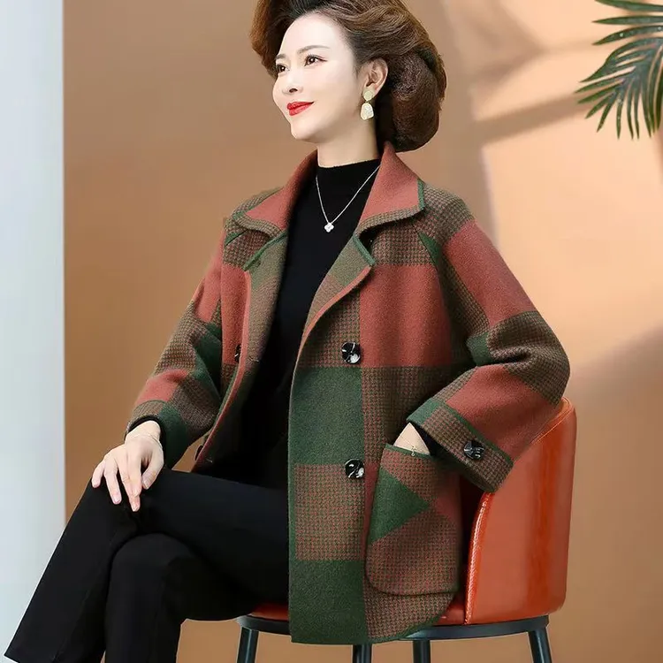 中老年女2025新款阔太太针织洋气秋装上衣中年妈妈装格子春秋外套