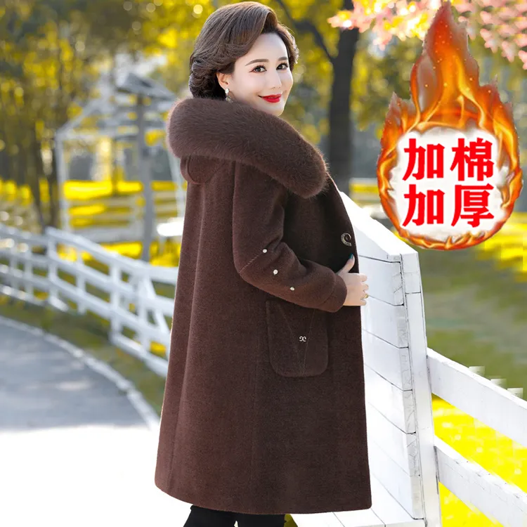中年妈妈装冬装保暖中长款高贵毛呢大衣老年人妈妈装冬装加厚