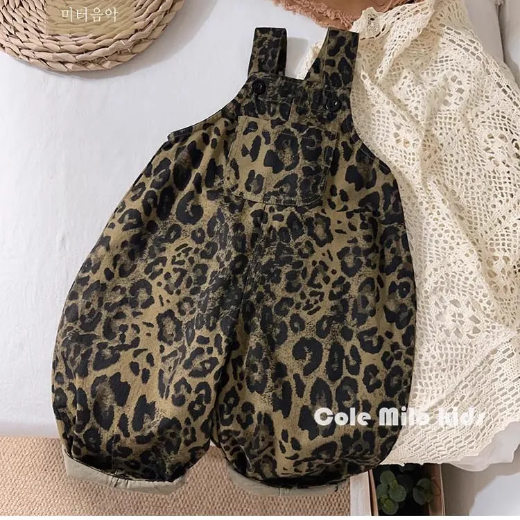 潮范豹纹~儿童背带裤复古春秋款男童女童裤子宝宝吊带裤宽松森系