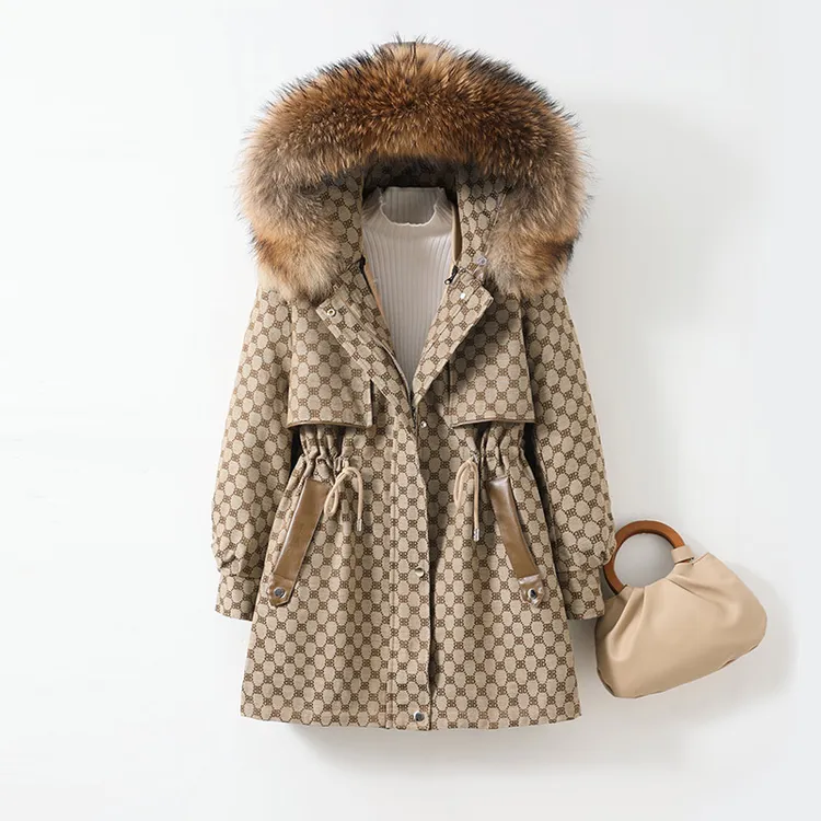 涵涵高端洋气派克反季格子气质大毛领时尚中长款冬季派克服22022