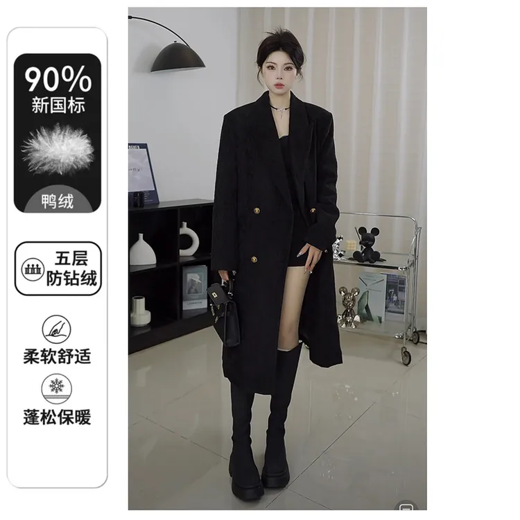 羽绒服女冬季新款高级设计感白鸭绒内胆休闲西装领双排扣黑色大衣