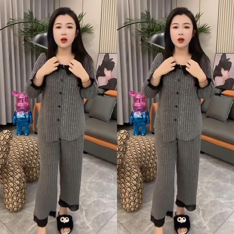 秋冬新款小香风南韩绒宽松大码睡衣女套装网红爆款时尚洋气娃娃领
