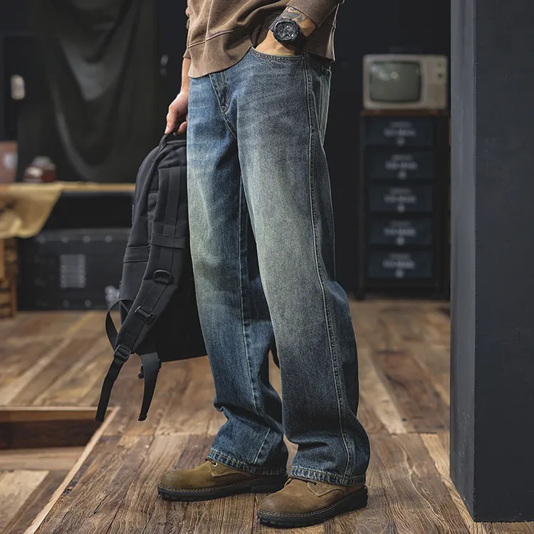 高密重磅复古水洗高端直筒牛仔裤男士春季新款潮流宽松大码长裤子