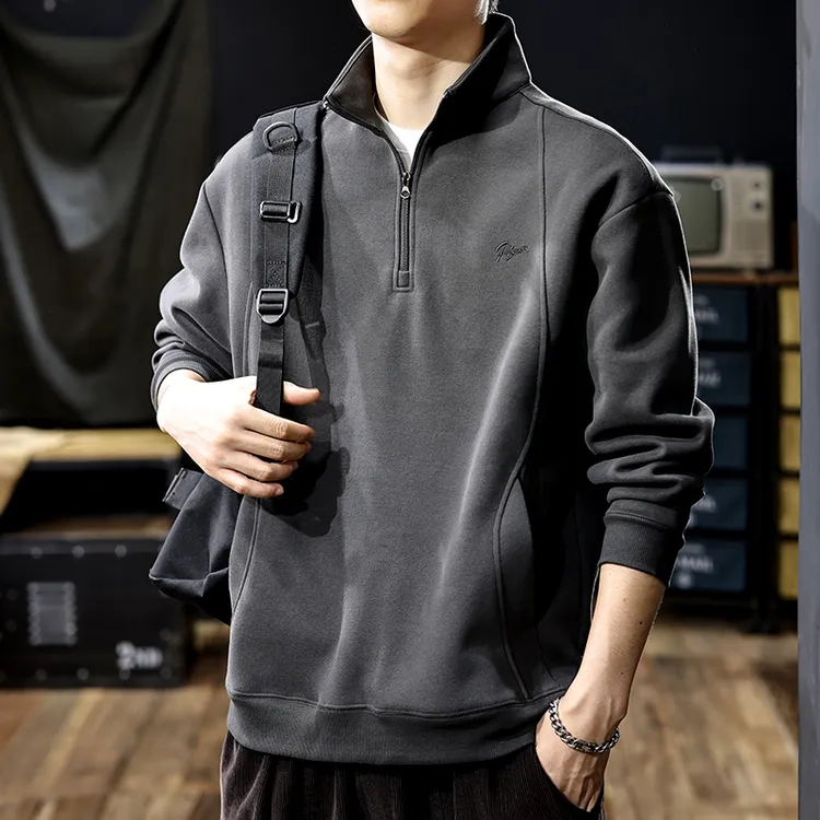 美式重磅磨毛亲肤半拉链立领卫衣男士秋冬大码复古加绒保罗polo衫