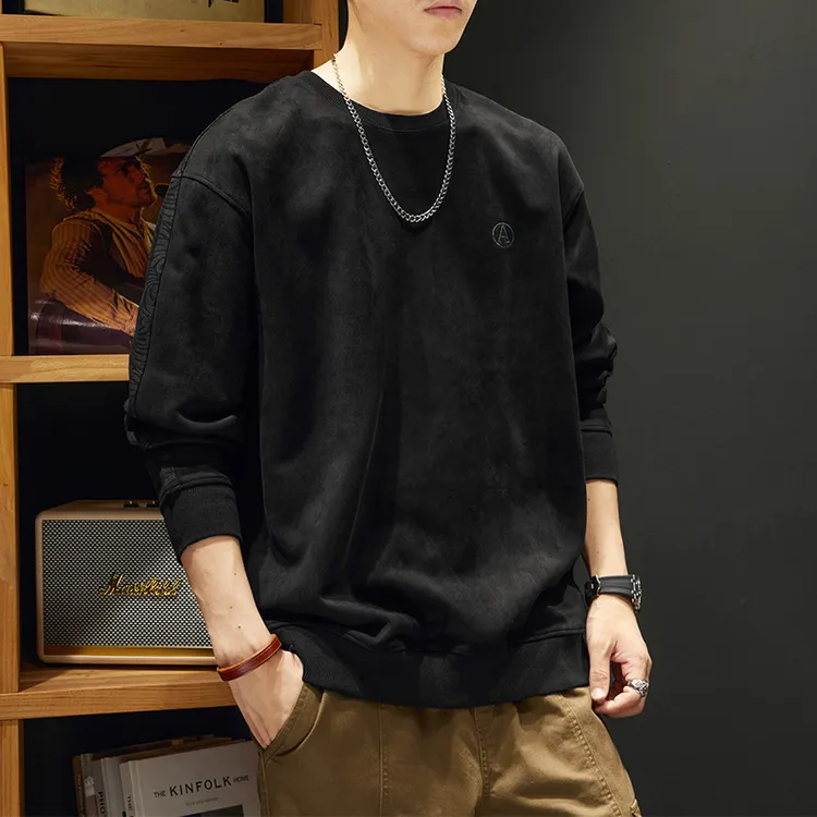 美式潮牌高级感圆领卫衣男士秋季新款宽松复古重磅加绒圆领上衣男