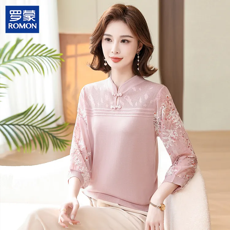 罗蒙时尚妈妈春秋新中式针织上衣2025新款中年女纯色国风纱袖小衫