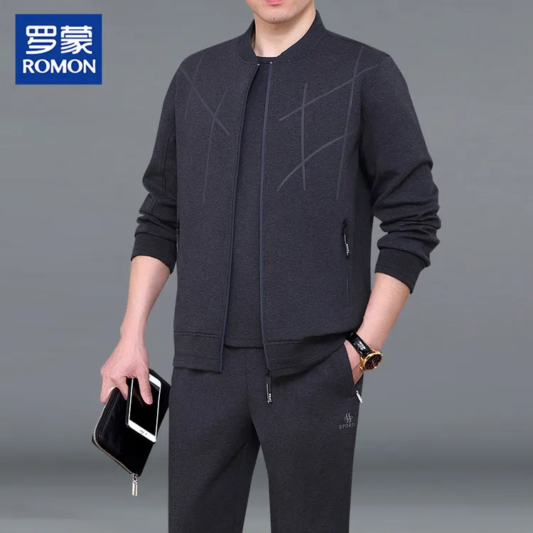罗蒙名牌中年男士春秋运动服套装爸爸休闲三件套中老年春装棉外套