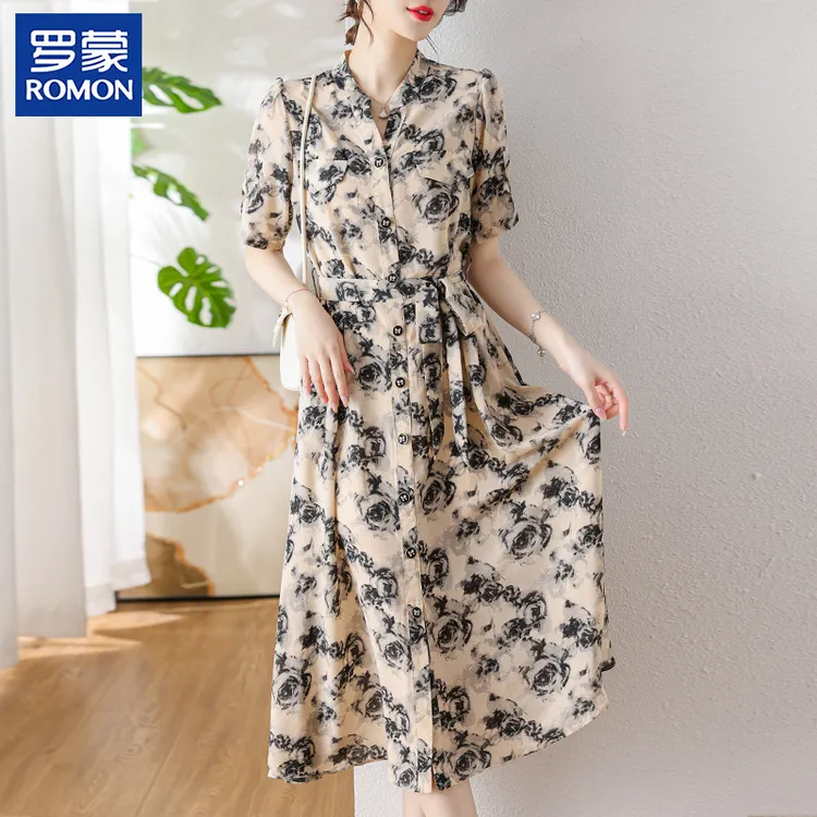 罗蒙妈妈装夏季连衣裙2025新款气质中老年女装花色洋气贵妇人裙子