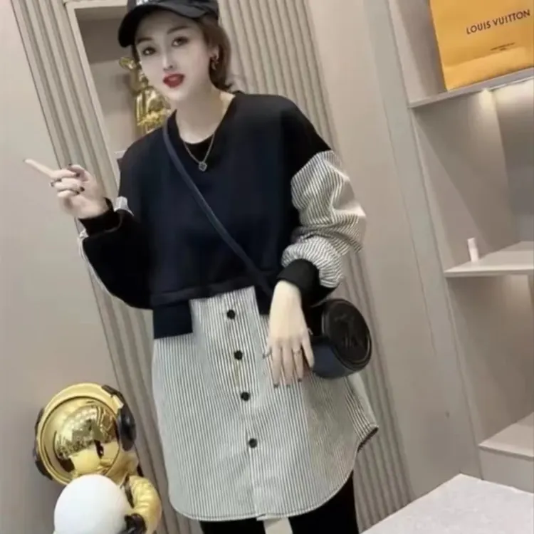 T9023秋季新款假两件中长款条纹衬衫显瘦减龄拼色