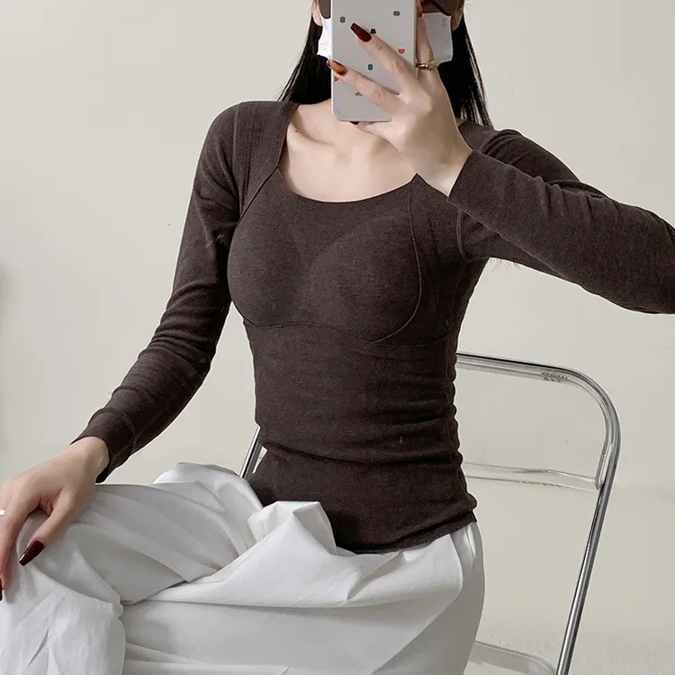 1【自带胸垫】百搭女士石墨烯保暖带胸垫免穿文胸修身磨毛长袖8836