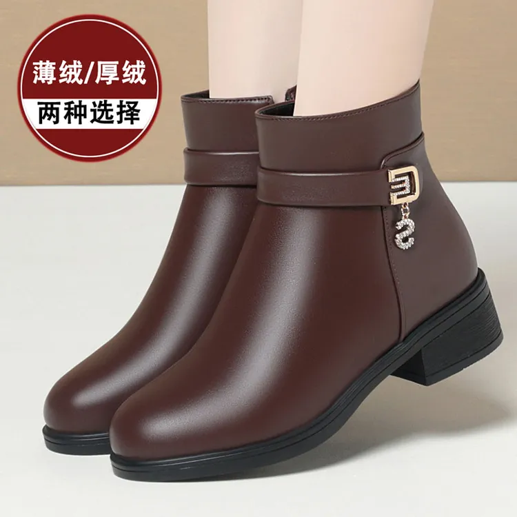 妈妈鞋短靴粗跟加绒棉鞋秋冬季中老年中年女鞋真皮软底女士皮鞋子