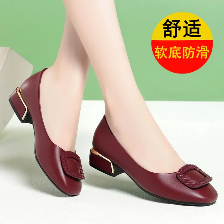 喜婆婆喜妈妈婚宴鞋结婚婚礼春秋款真皮低跟粗跟单鞋红色女士皮鞋