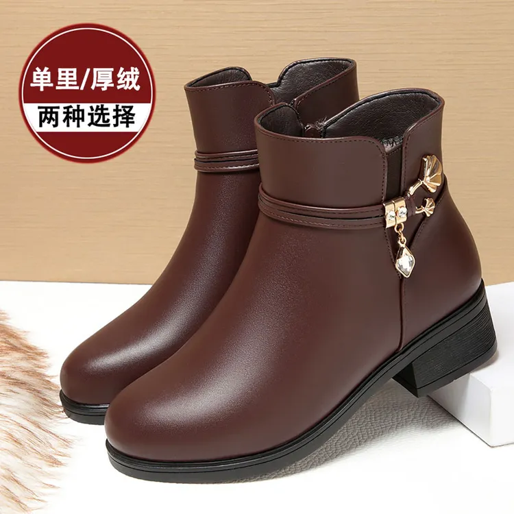 妈妈棉鞋真皮软底短靴单靴中年中跟靴子中老年女鞋加绒女士棉皮鞋