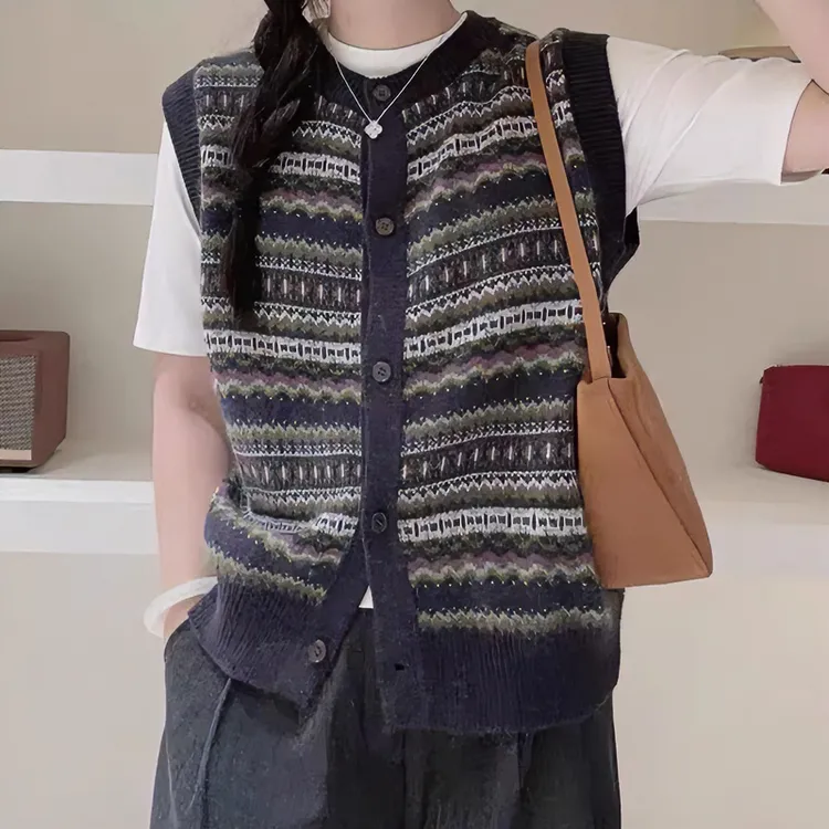 复古小香风针织民族风提花圆领坎肩春秋宽松外穿马甲背心女百搭