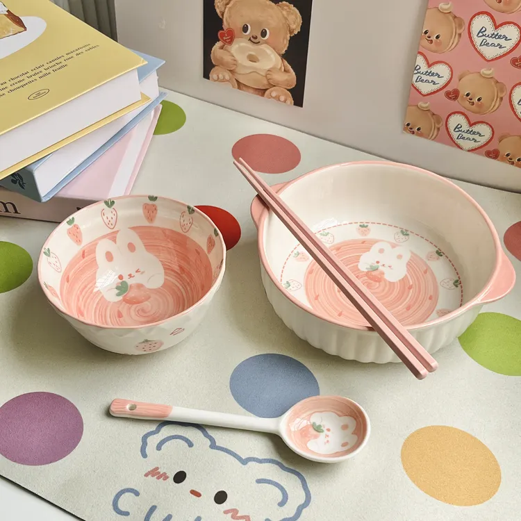 【草莓兔】家用饭碗少女心泡面碗学生宿舍吃饭碗盘餐具螺蛳粉陶瓷碗