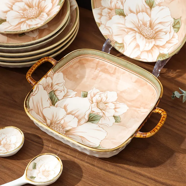 山茶花图双耳方盘网红轻奢餐具个人家用防烫实用菜盘子家用餐具