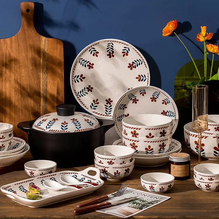 复古小花陶瓷日式创意家用碗盘送礼餐具釉下彩复古高颜值碗筷盘子