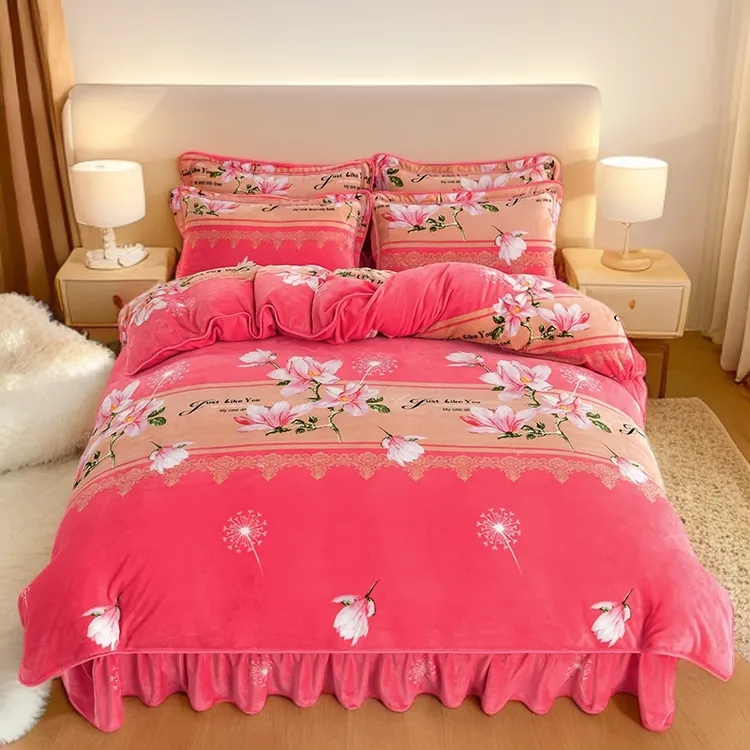 加厚牛奶绒四件套冬季加绒保暖床裙款双面绒被套防静电亲肤8-9斤