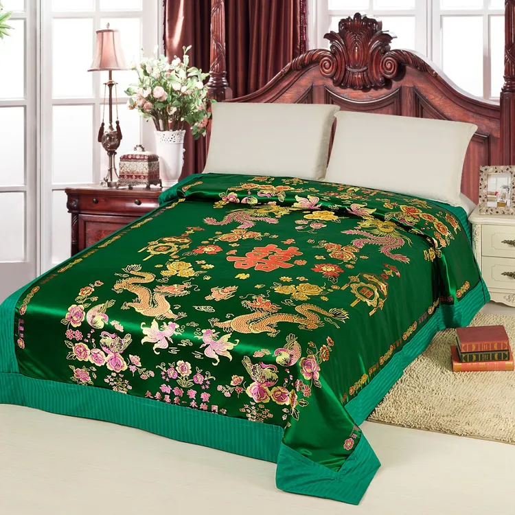 【被套】正绿龙凤双喜丝绸被套一个（四周拉链全脱卸设计）
