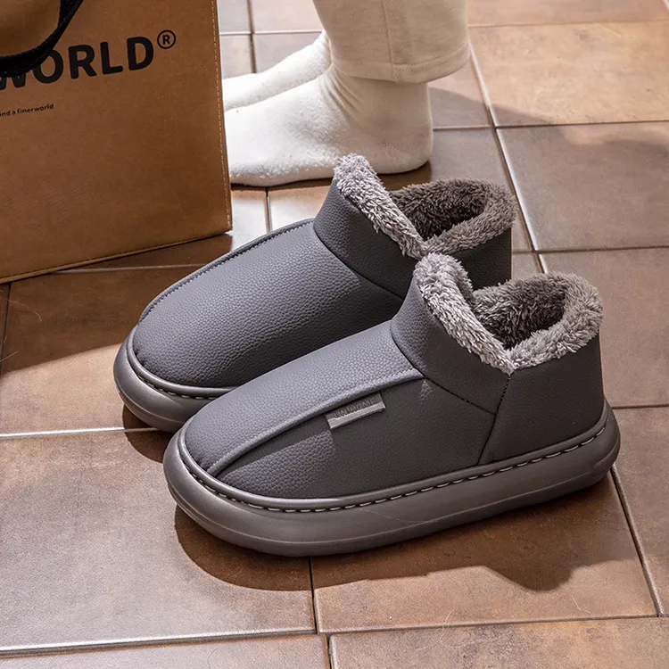 防水棉鞋男士冬季新款家居棉拖鞋户外防滑厚底加绒皮面保暖雪地靴