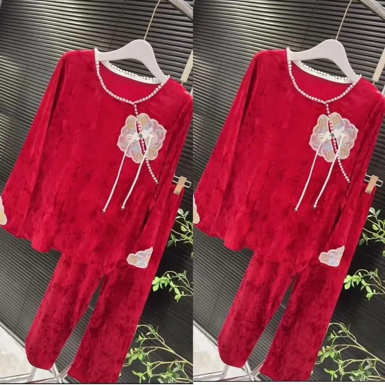 2025国风睡衣套装大红色本命年新款圆领刺绣宽松显瘦家居服两件套