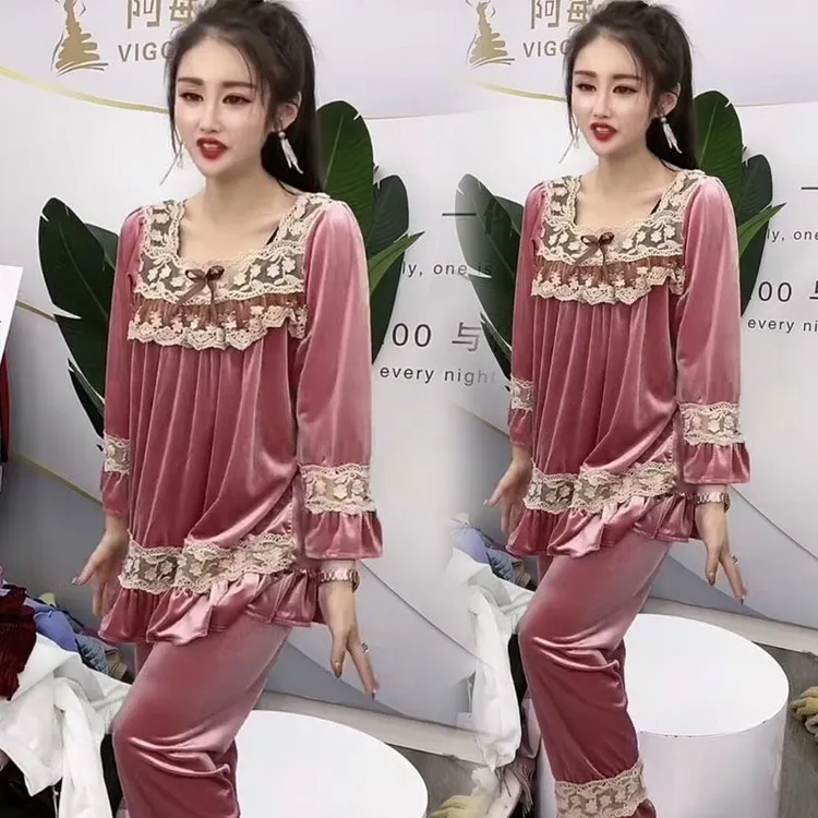 金丝绒睡衣套装女2025秋冬新款宽松显瘦蕾丝花边时尚家居服两件套