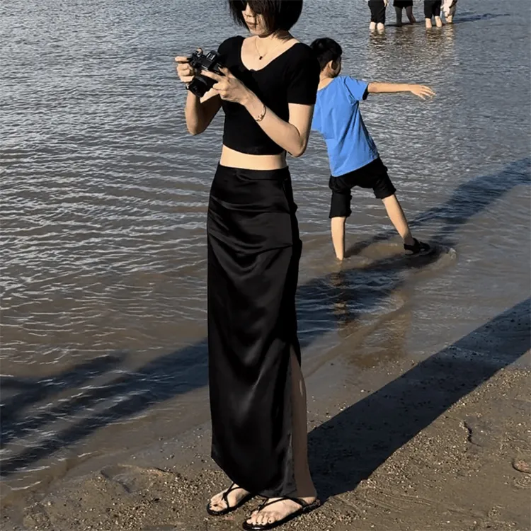黑色高腰修身开叉垂感半身裙女2025秋季新款气质显瘦百搭时尚长裙