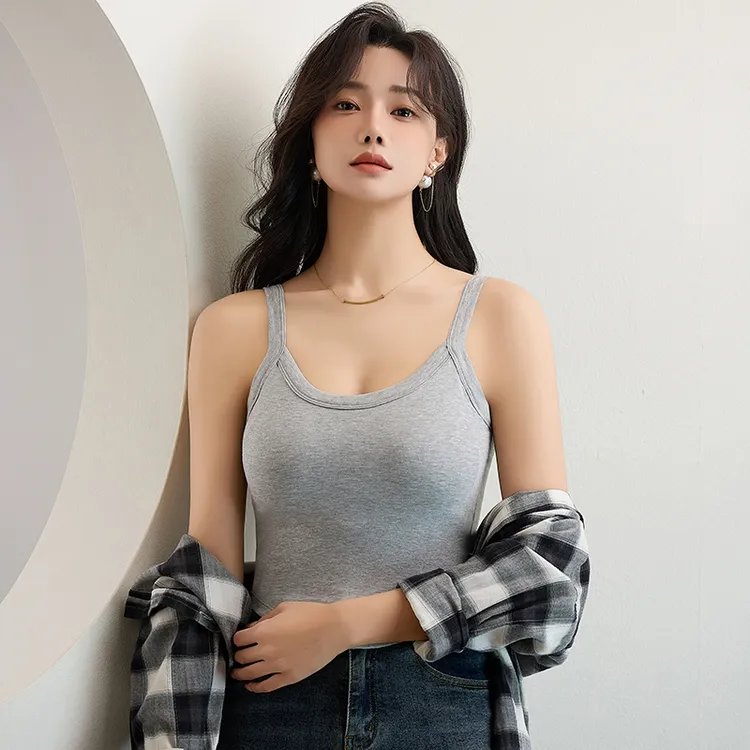 带胸垫小吊带背心女纯色细带内搭早春季无袖美背外穿白色打底上衣