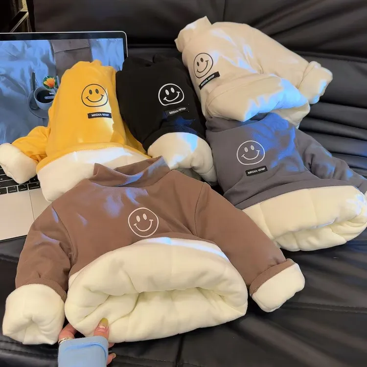 儿童宝宝棉袄冬季加绒加厚男女童半高领条纹卫衣婴儿保暖打底上衣