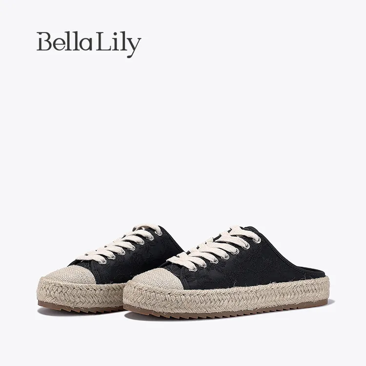 BellaLily2024春季新款黑色外穿半包拖鞋女一脚蹬帆布鞋休闲板鞋