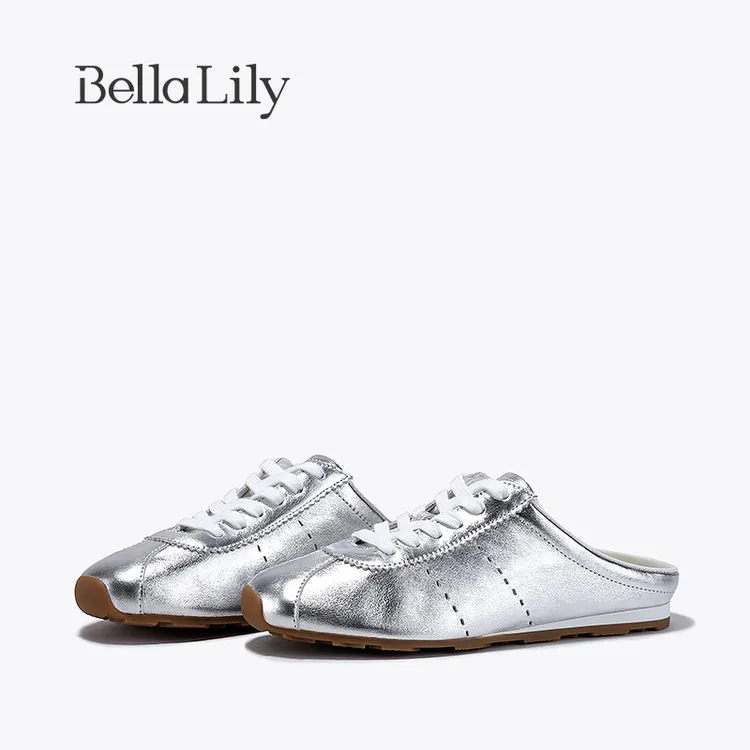 BellaLily夏季新款时尚外穿银色半包拖鞋女无后跟板鞋潮流德训鞋