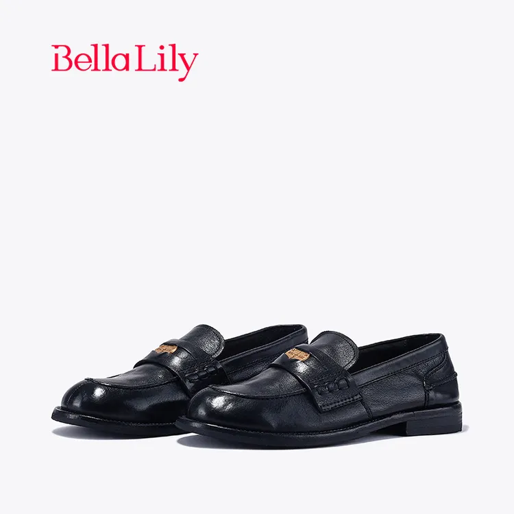 BellaLily2024春季新款小方跟乐福鞋女英伦风牛皮单鞋时尚小皮鞋