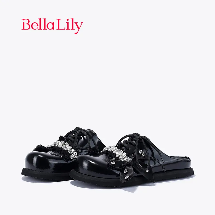 BellaLily2024春季新款大头水钻半包拖鞋女外穿单鞋无后跟小皮鞋