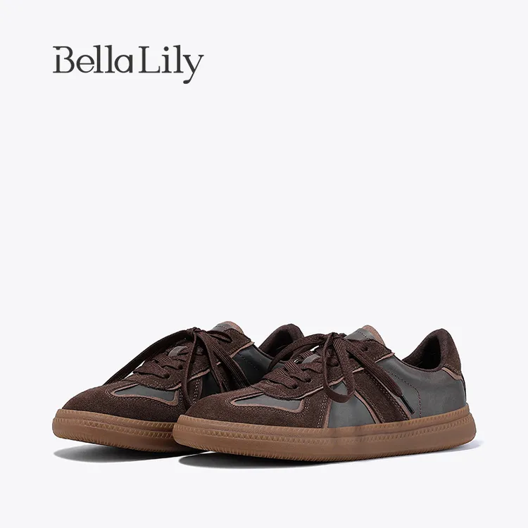 BellaLily2023冬季新款显脚小牛皮德训鞋女百搭板鞋减龄平底鞋子