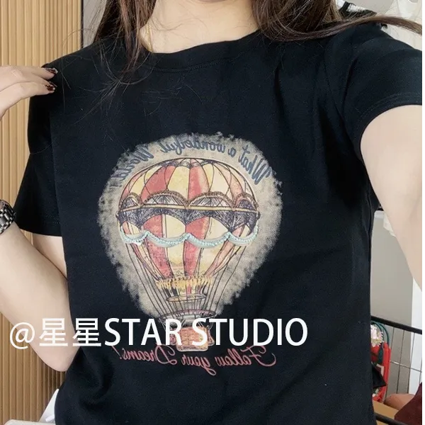 复古美式热气球 XH1023  2025新款正肩显瘦百搭时尚修身T恤短袖