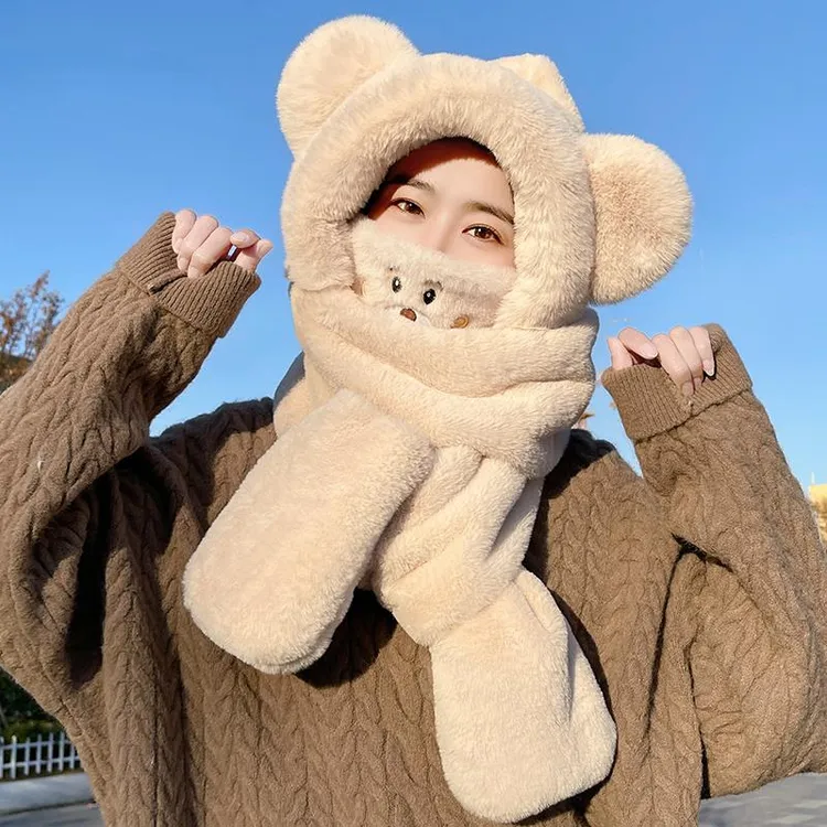 新款冬季百搭时尚光板小熊帽子围巾手套四件套毛绒加厚防寒保暖帽