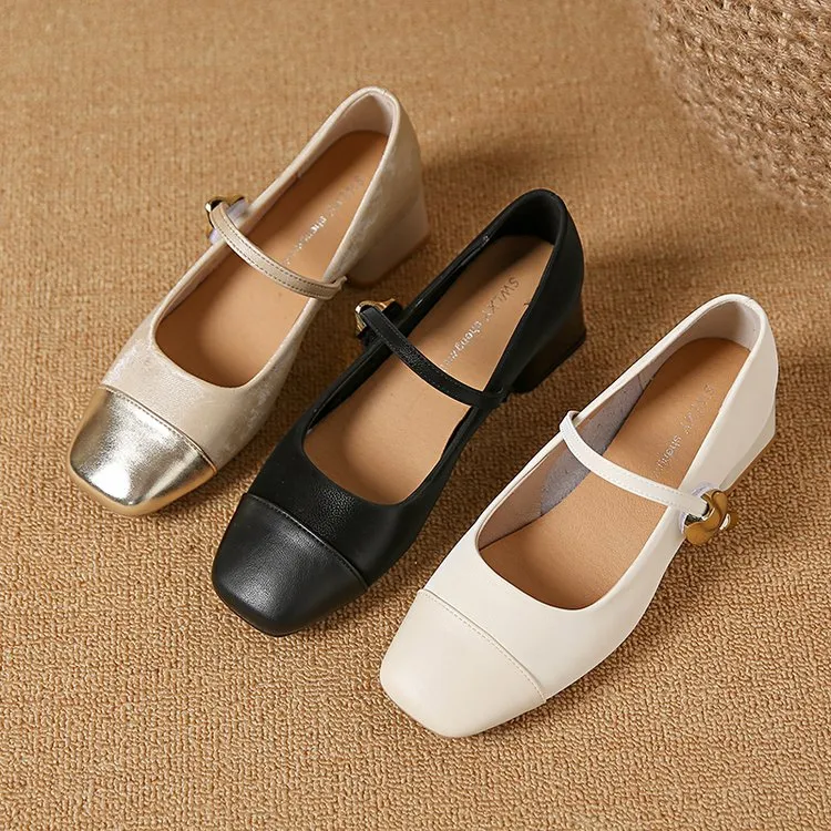 一字扣带高跟鞋法式温柔2024新款夏季百搭女款单鞋方头粗跟单鞋女